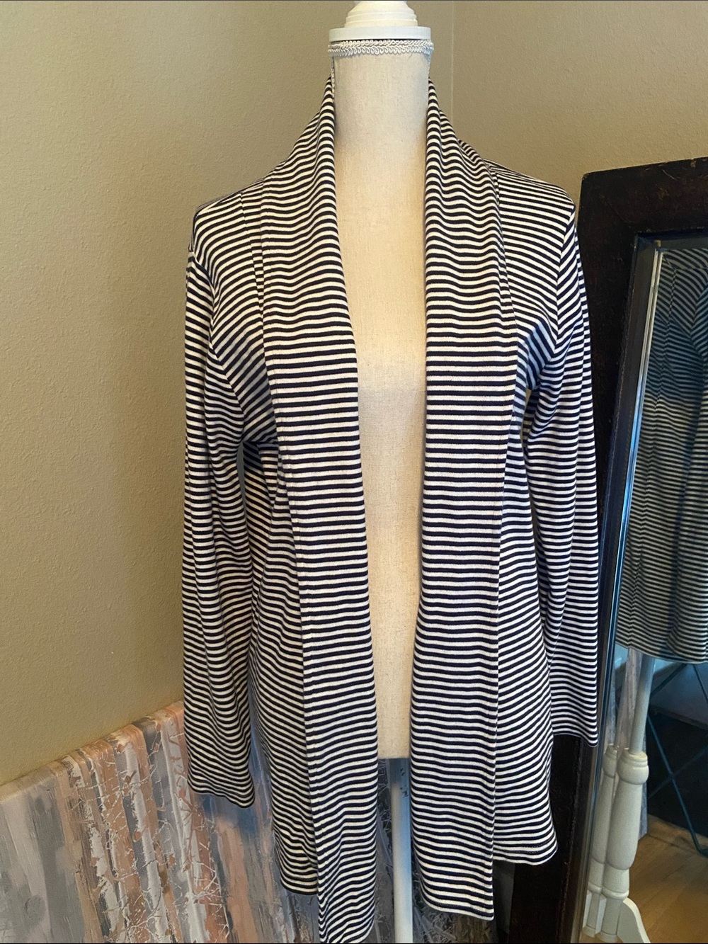 Navy Blue & White Stripe Open Front Cardigan Sweater Sweatshirt 100% Cotton MED